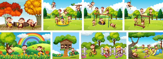 Set of monkey in playground background