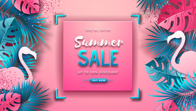 Summer sale poster with pink and blue tropic leaves and flamingo on pink background.