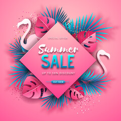Summer sale poster with pink and blue tropic leaves and flamingo on pink background. © annbozhko