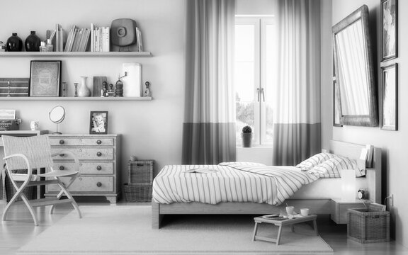 Bedroom furnishings - black and white 3d visualization
