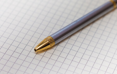 Grey steel ballpoint pen with gold tip on the sheet in a cage