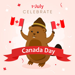banner greeting canada day with beaver holding canada's flag and ribbon © luck
