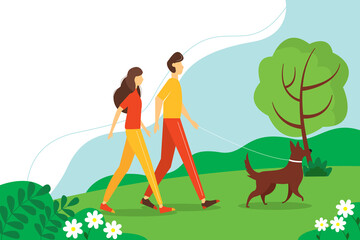 Woman and man walking with the dog in the Park. The concept of an active lifestyle, outdoor recreation. Cute summer illustration in flat style.