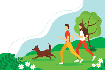 Obraz na płótnie Canvas Man and woman running with the dog in the Park. Cute summer illustration in flat style.