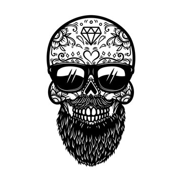 Illustration of bearded mexican sugar skull in sunglasses. Design element for poster, card, banner, logo, label, sign, badje, t shirt. Vector illustration