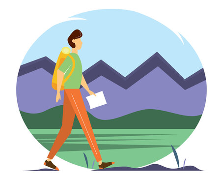 Traveler with a backpack and a map in his hand. Man walking along the mountains and forests. Vector illustration in flat style.