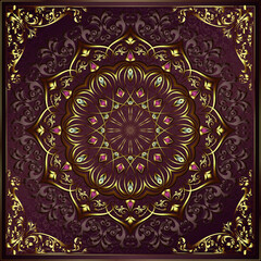 Vintage background mandala card with golden lace ornaments and art deco floral decorative elements