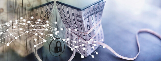 The concept of financial dependence on borrowed funds. Mortgage debts. The house will be pulled by a measuring tape with a dollar sign.
