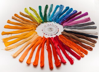 a set of colored threads for embroidery with the pincushion on white background
