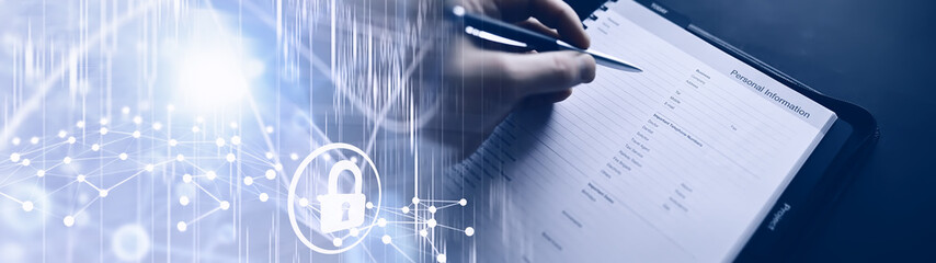 Naklejka premium Double exposure filling out a form with personal information. Documents in a folder on the table to fill. Handwritten information about the applicant.