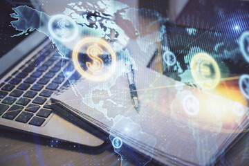Double exposure of forex chart drawing and desktop with coffee and items on table background. Concept of financial market trading