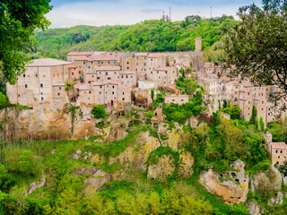 Picturesque view of Sorano, tuff mediaeval village in Tuscany, Italy
