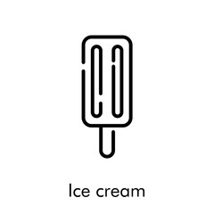 Símbolo helado con paleta de madera. Icono plano lineal con texto Ice cream en color negro