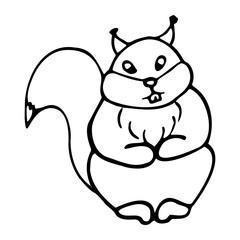 Hand drawn squirrel. Cartoon squirrel outline doodle style. Vector transparent illustration isolated on white background. Decoration for greeting cards, posters, flyers, prints for clothes.