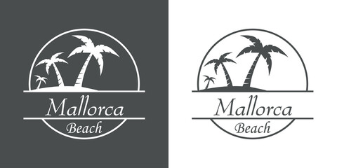 Símbolo destino de vacaciones. Icono plano texto Mallorca Beach en círculo con playa y palmeras en fondo gris y fondo blanco