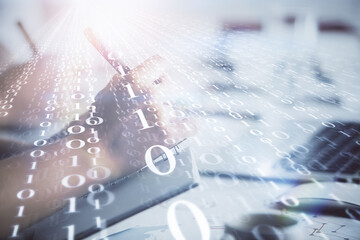 Double exposure of data theme sketch drawing over people writing background. Concept of technology