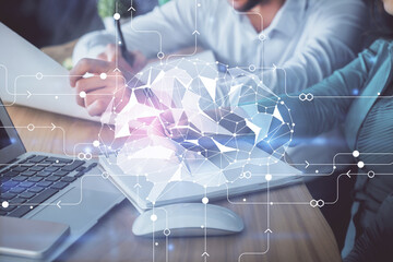 Double exposure of brain drawing over people taking notes background. Concept of Ai