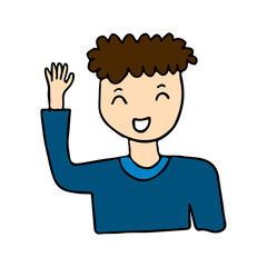 Vector illustration character happy boy greeting say Hi Hello. Cartoon style man holding hand up. Guy giving high five for deal or congratulation. Human emotion