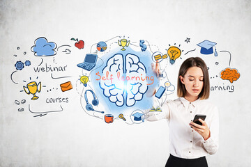 Woman with smartphone, e learning sketch