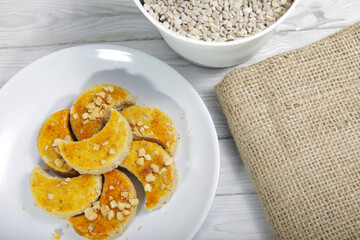 Peanut cookies or kue kacang, a sweet snack that made from peanuts. One of famous snack in Indonesia.