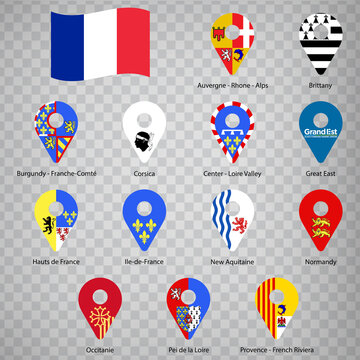 Thirteen flags the Regions of France  - alphabetical order with name.  Set of 2d geolocation signs like flags Regions of French Republic.  Thirteen geolocation signs for your design. EPS10.