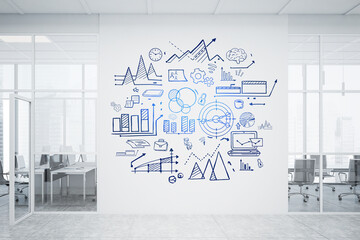 Business strategy sketch on white office wall