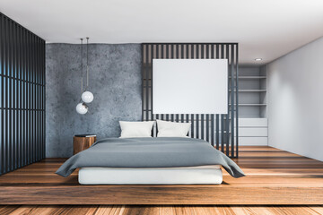 Loft grey bedroom with horizontal poster