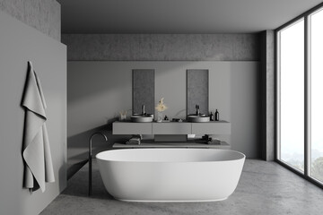 Naklejka na ściany i meble Panoramic grey and stone bathroom interior