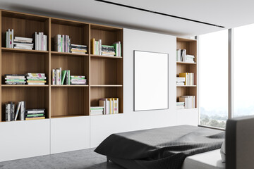 Panoramic white bedroom with bookcase and poster
