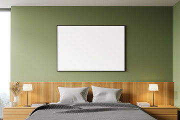 Green master bedroom with horizontal poster