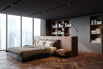 Panoramic grey bedroom corner with bookcase
