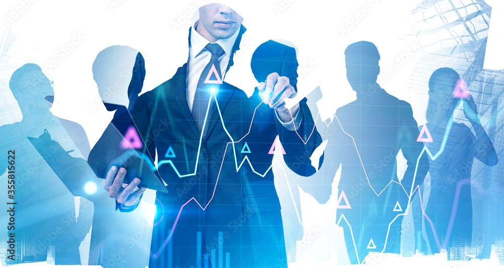 Aufkleber man using financial graph interface in city, team