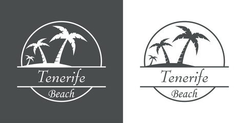 Símbolo destino de vacaciones. Icono plano texto Tenerife Beach en círculo con playa y palmeras en fondo gris y fondo blanco © teracreonte