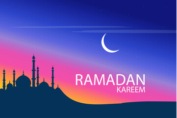 Islamic traditional mosque in the middle of the desert and moon on the sky 