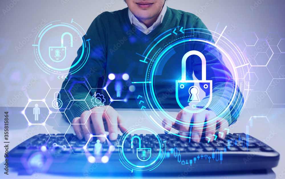 Poster man typing on keyboard, cyber security interface