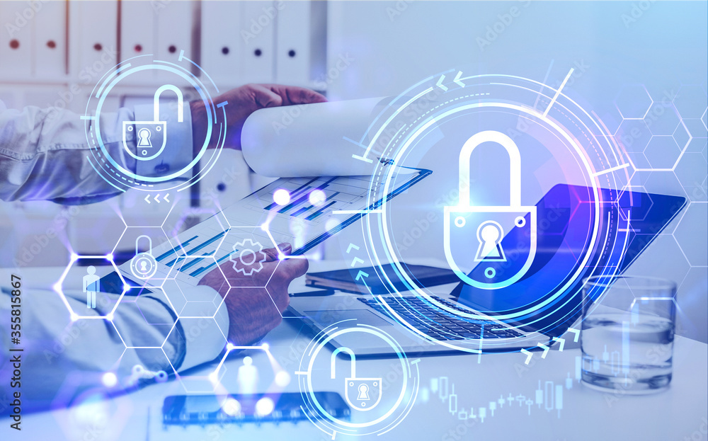 Poster man reading report, cyber security interface