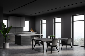Grey kitchen corner with bar and table