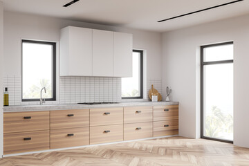 White kitchen corner with wooden countertop