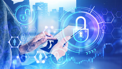 Woman with tablet, cyber security interface