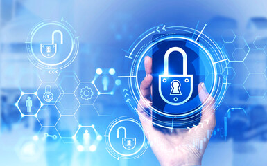 Woman hand with phone, cyber security interface