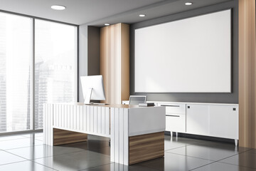 Gray and wooden CEO office corner with poster