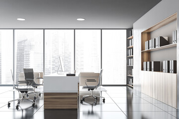 Fototapeta na wymiar Gray and wood CEO office with bookcase, side view