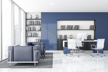 White and blue CEO office with lounge