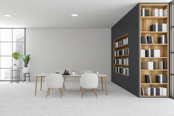 White and grey dining room interior with bookcase © ImageFlow