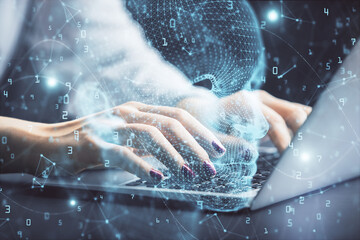 Multi exposure of woman hands working on computer and human brain hologram drawing. Ai tech concept.