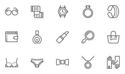 Feminine Accessories Vector Flat Line Icons Set. Jewelry, Underwear, Sunglasses, Perfume, Bag, Glove. Editable Stroke. 48x48 Pixel Perfect.