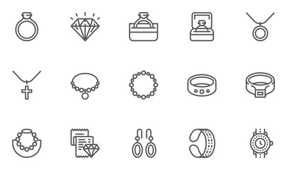 Jewelry Vector Flat Line Icons Set. Contains Ring, Necklace, Bracelet, Diamond and more. Editable Stroke. 48x48 Pixel Perfect.