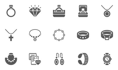 Jewelry Vector Icons Set. Contains Ring, Necklace, Bracelet, Diamond and more.