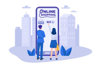 Obraz premium A couple shopping online using smartphone. Vector