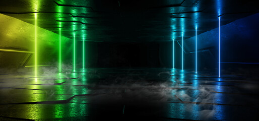 Smoke Fog Neon Glowing Laser Green Blue beams Pillars Concrete GRunge Tiled Floor Alien Spaceship Cyber Tunnel Corridor Dark NIght Warehouse 3D Rendering